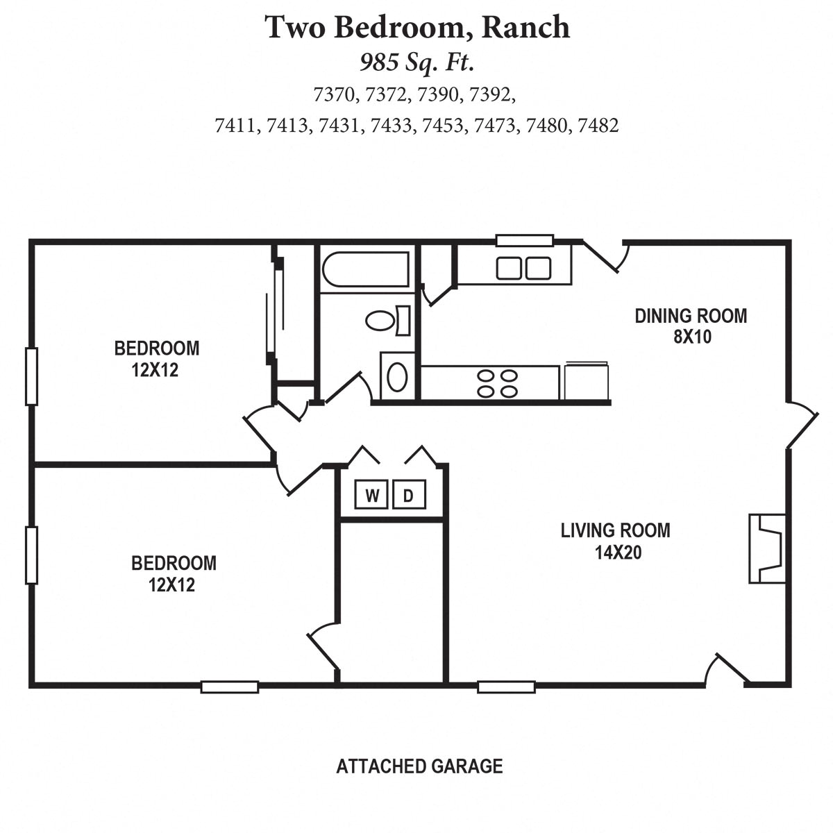 Floor plan for 2 beds, 1 bath, 985 sqft